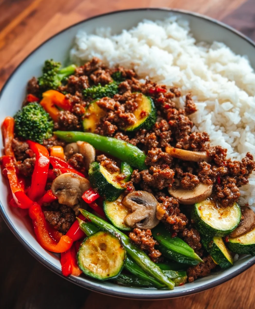 Spicy Beef Stir-Fry with Garlic Veggies & Rice