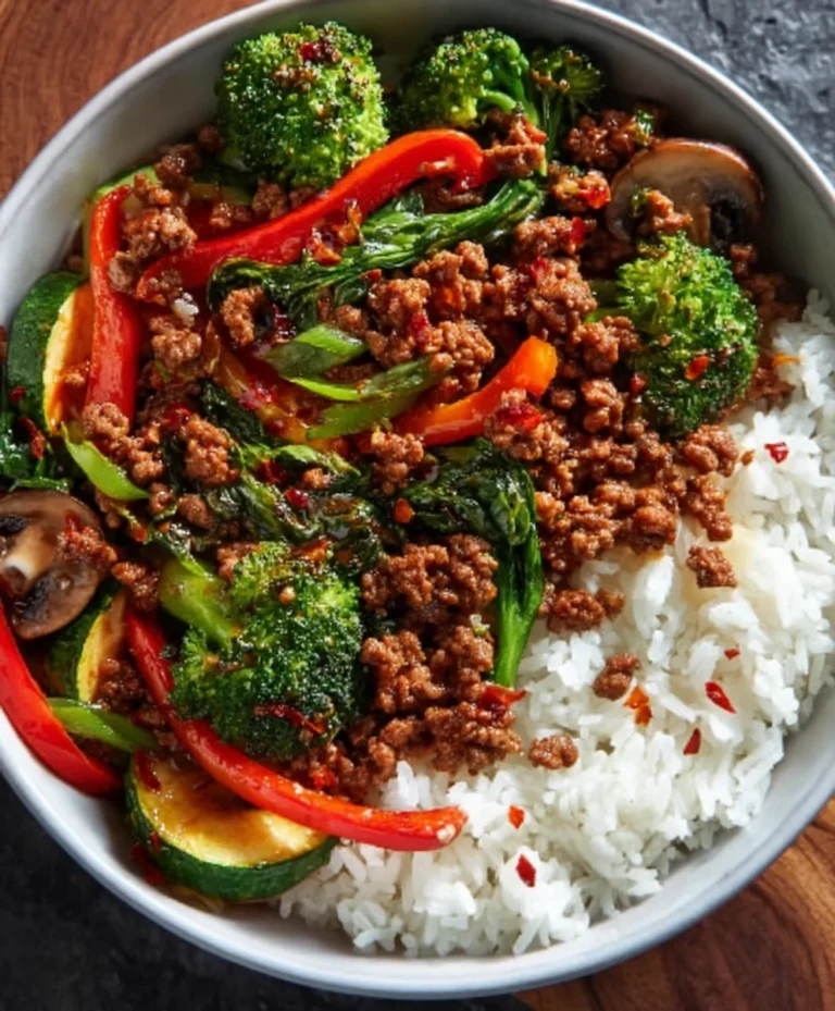 Spicy Beef Stir-Fry with Garlic Veggies & Rice
