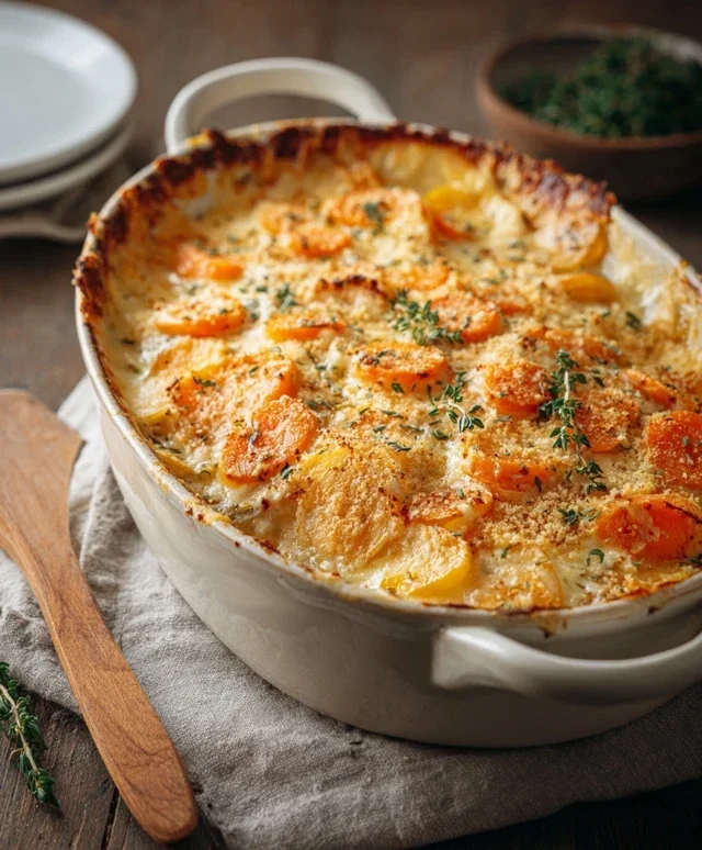 Cheesy Garlic Carrot Gratin – Creamy, Sweet & Savory