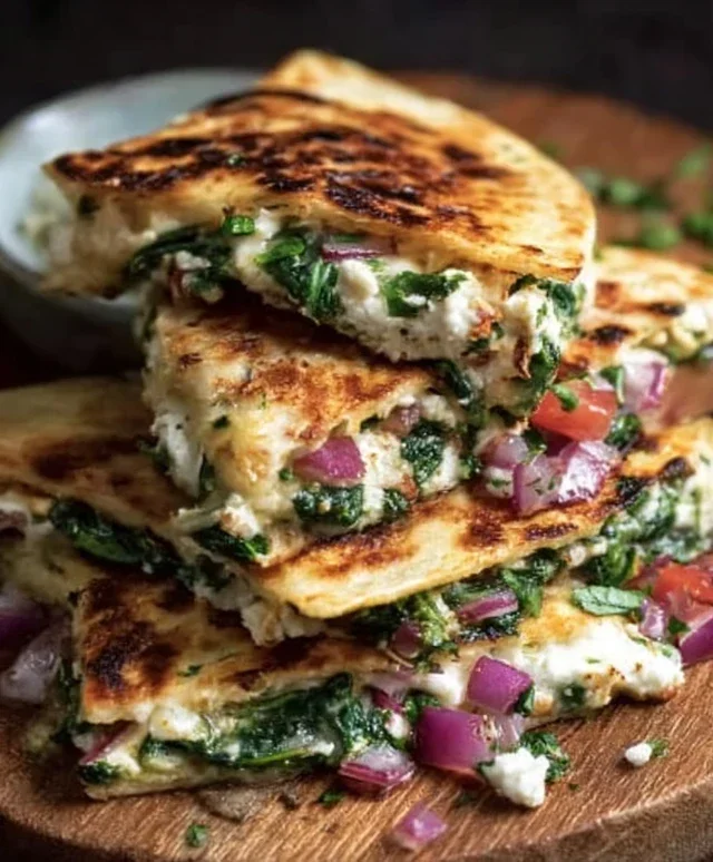 Mediterranean Quesadillas with Spinach, Feta, Mozzarella, and Red Onion