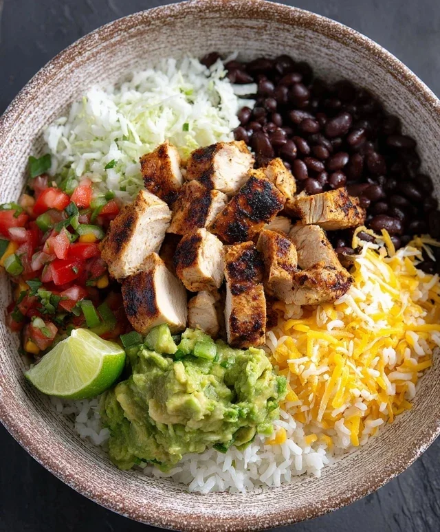 Grilled Chicken Burrito Bowl with Rice and Beans