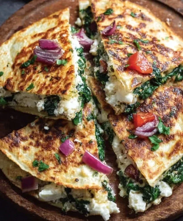 Mediterranean Quesadillas with Spinach, Feta, Mozzarella, and Red Onion