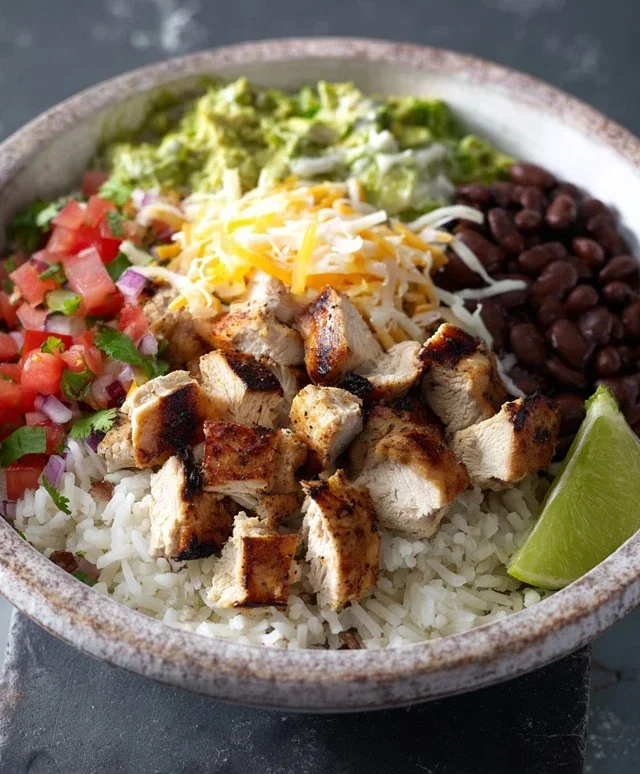 Grilled Chicken Burrito Bowl with Rice and Beans