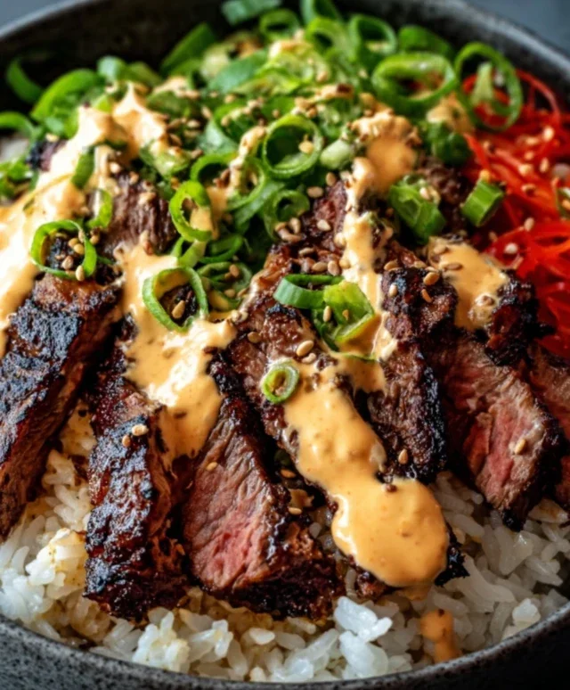 Korean BBQ Steak Rice Bowls with Spicy Cream Sauce
