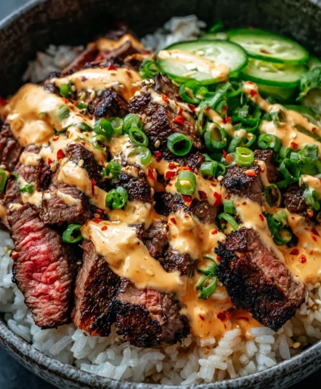 Korean BBQ Steak Rice Bowls with Spicy Cream Sauce