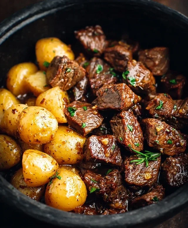 Slow Cooker Garlic Butter Beef Bites with Potatoes