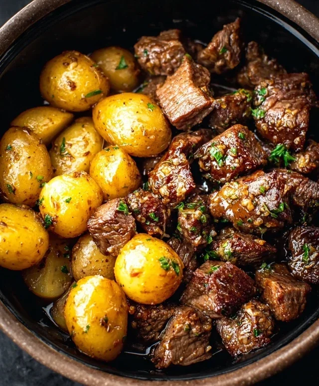 Slow Cooker Garlic Butter Beef Bites with Potatoes