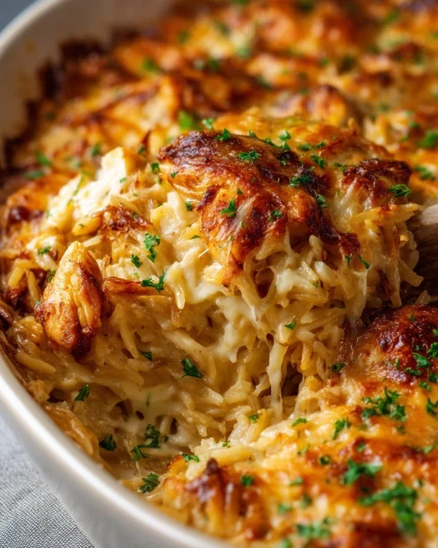 French Onion Chicken Orzo Casserole