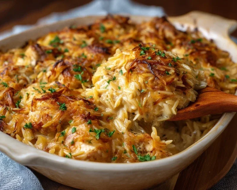 French Onion Chicken Orzo Casserole