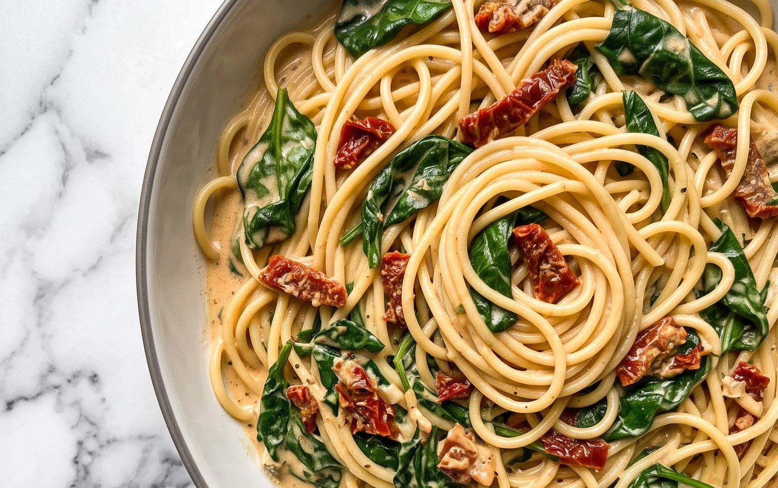 Spaghetti & Spinach with Sun-Dried Tomato Cream Sauce