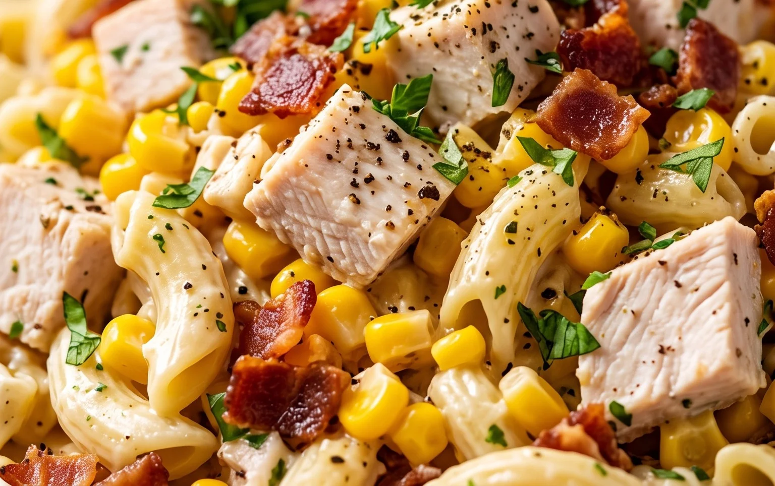 Chicken and Corn Pasta Salad with Beef Bacon