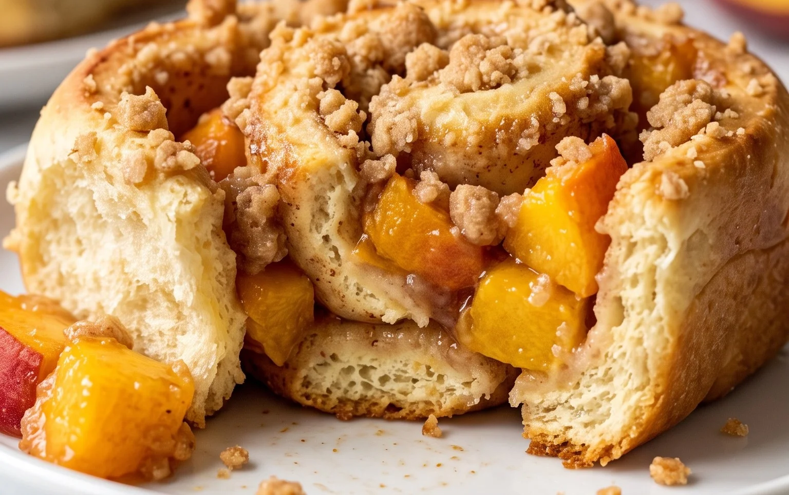Peach Cobbler Cinnamon Rolls with Crum extractb Topping