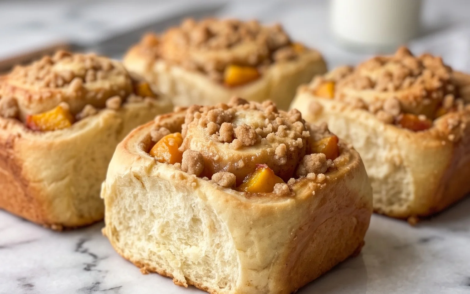 Peach Cobbler Cinnamon Rolls with Crum extractb Topping
