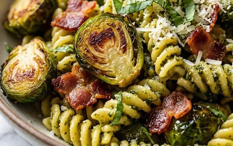 Brussels Sprouts and Beef Bacon Pesto Pasta
