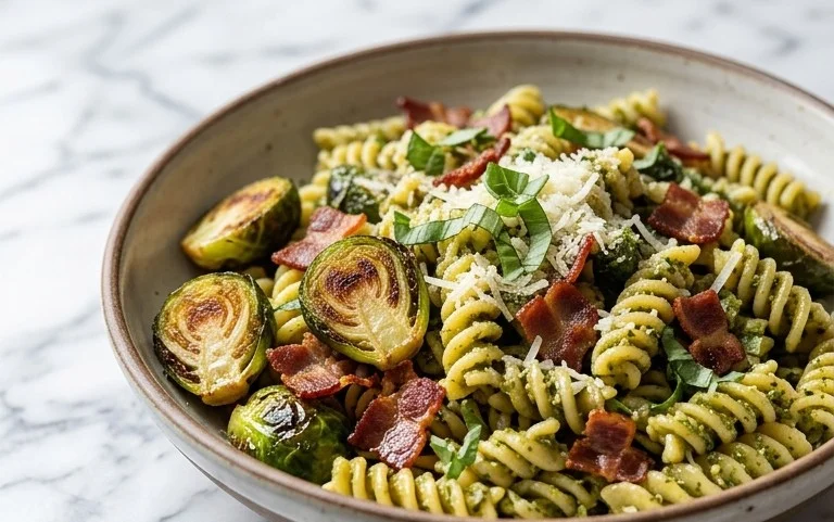 Brussels Sprouts and Beef Bacon Pesto Pasta