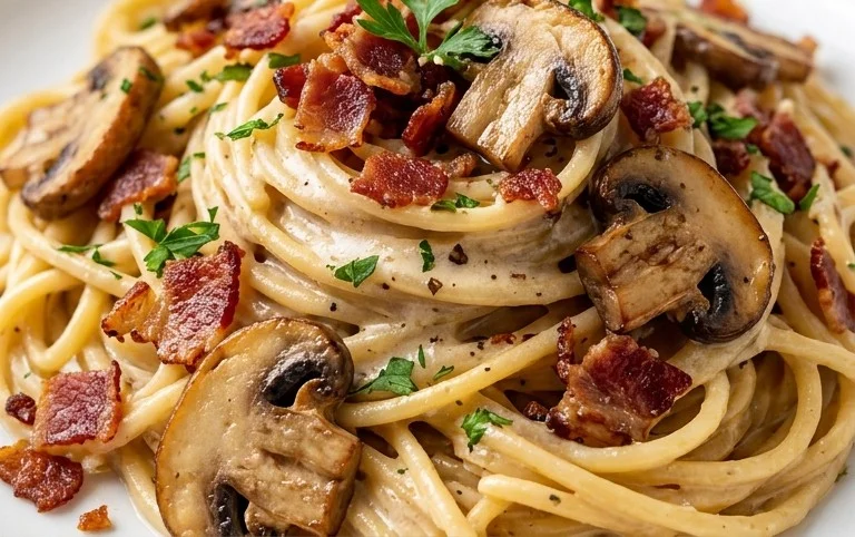 Creamy Beef Bacon and Mushroom Pasta