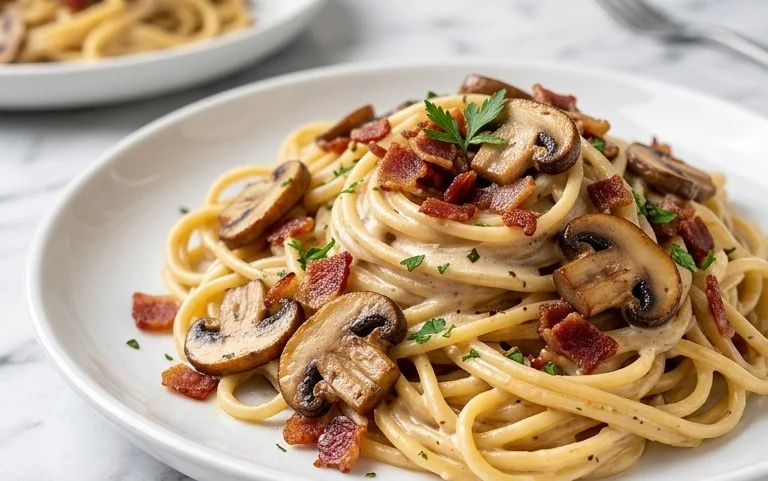 Creamy Beef Bacon and Mushroom Pasta