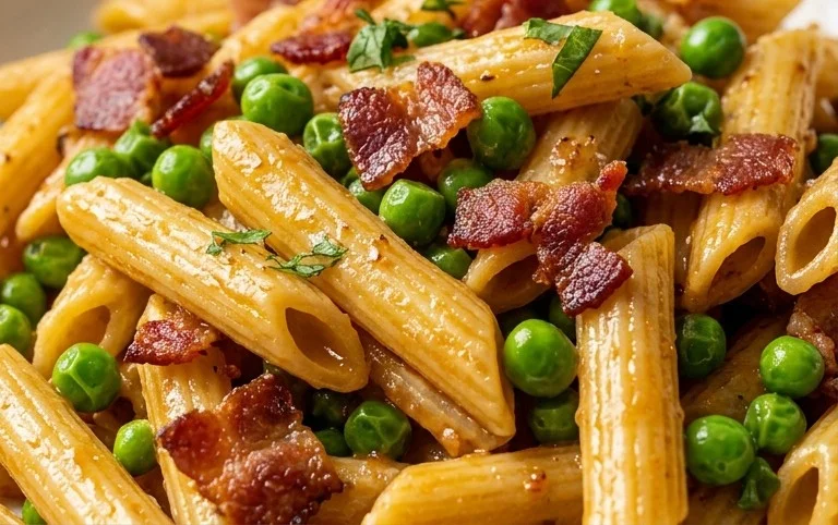 Penne Pasta, Peas and Beef Bacon