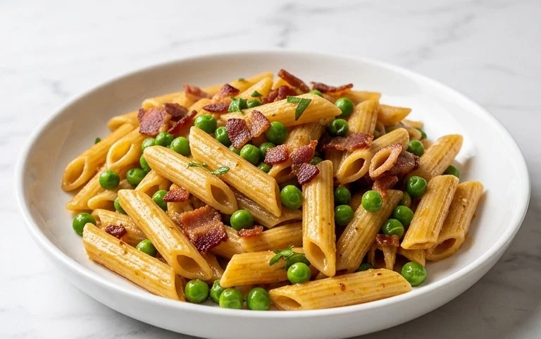 Penne Pasta, Peas and Beef Bacon