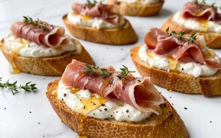 Beef Prosciutto Crostini with Burrata and Lemon Honey Drizzle
